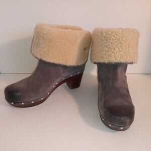 UGG Lynnea Wm 7US/38EU Gray Suede Shearling Ankle Boots Wooden Clog Soles